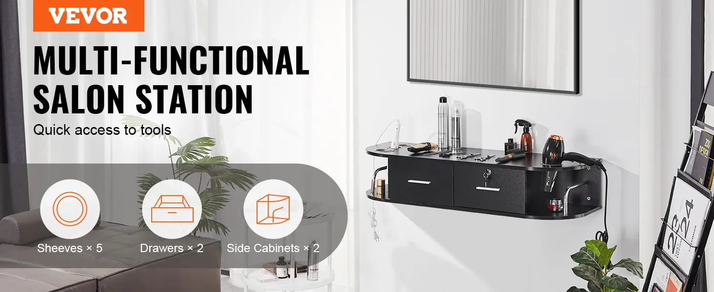 VEVOR salon workstation with 5 shelves, 2 drawers, and 2 side cabinets for tool accessibility.