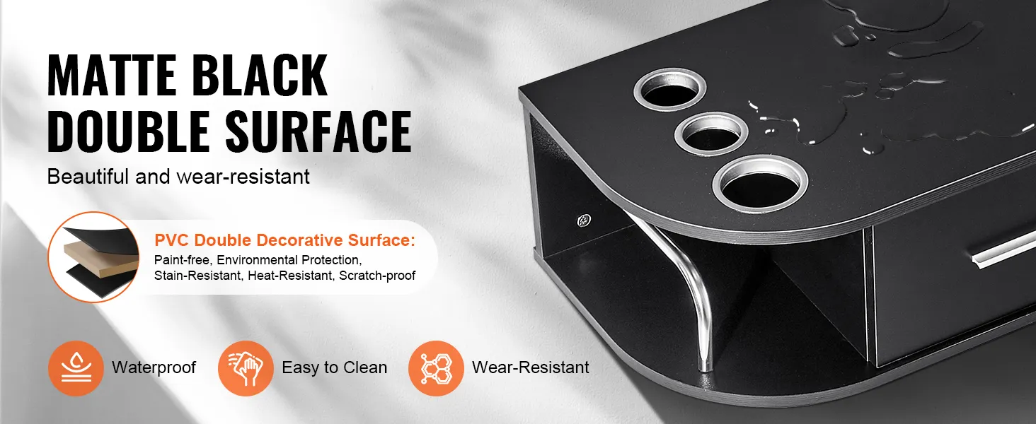 matte black VEVOR salon workstation with pvc double surface, waterproof, easy to clean, wear-resistant.