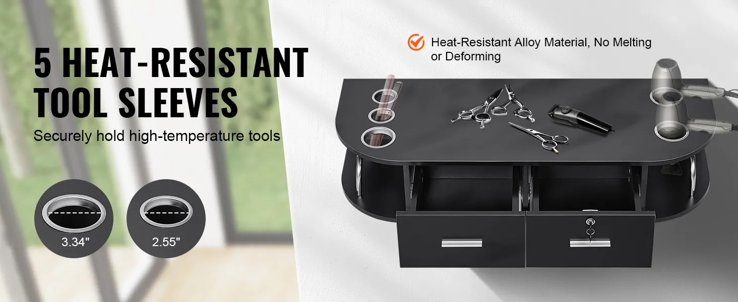 VEVOR salon workstation with 5 heat-resistant tool sleeves for securely holding high-temperature tools.