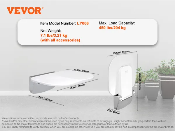 VEVOR opvouwbare douchestoel, model ly006, 7,1 lbs, max. belasting 450 lbs, inclusief bevestigingsmateriaal en gebruikershandleiding.