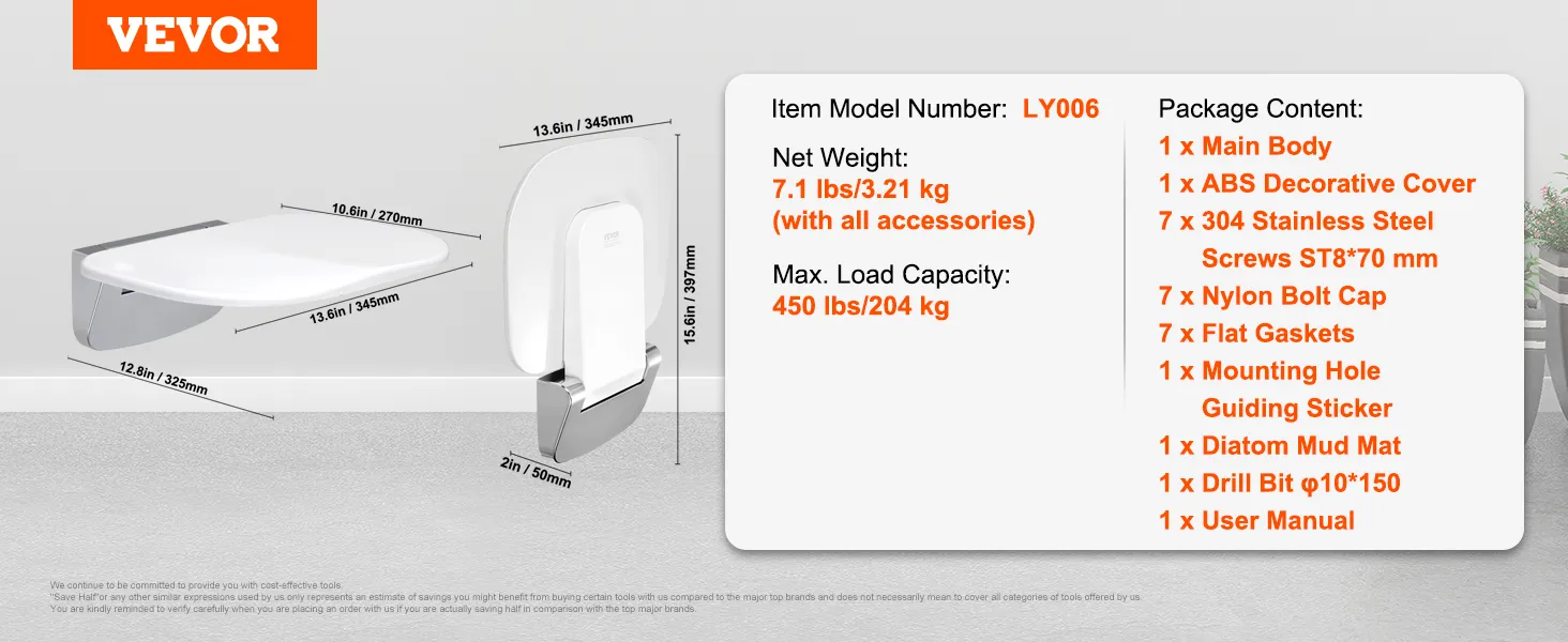 VEVOR opvouwbare douchestoel, model ly006, 7,1 lbs, max. belasting 450 lbs, inclusief bevestigingsmateriaal en gebruikershandleiding.