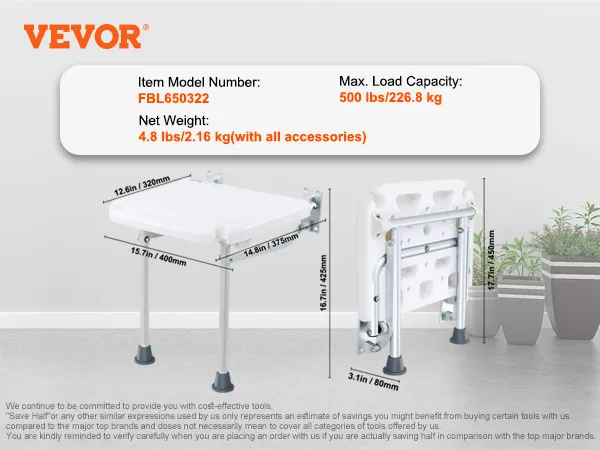 VEVOR folding shower seat with dimensions, weight, load capacity, and package contents detailed.
