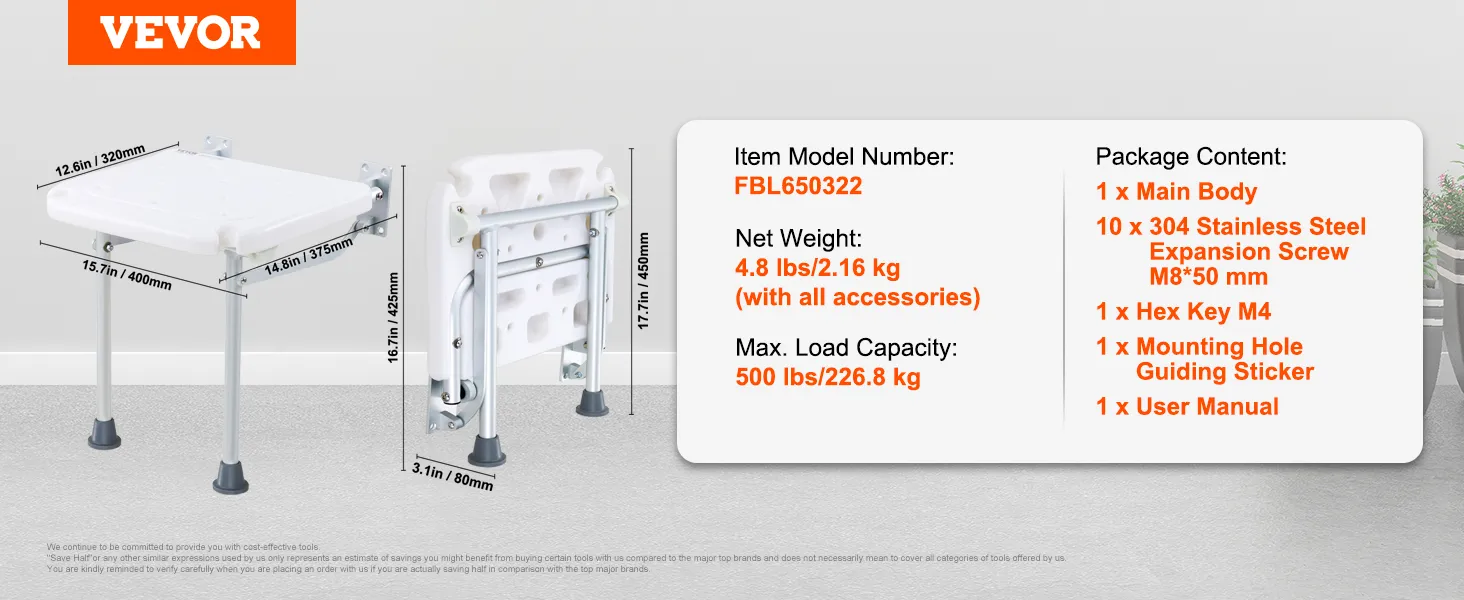 VEVOR folding shower seat with dimensions, weight, load capacity, and package contents detailed.