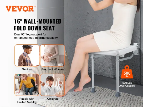 VEVOR folding shower seat, wall-mounted with dual 90° leg support, 500 lbs load capacity.