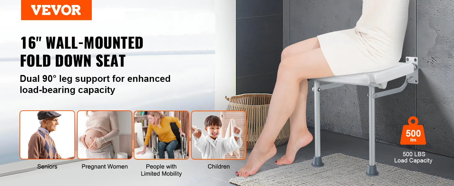 VEVOR folding shower seat, wall-mounted with dual 90° leg support, 500 lbs load capacity.