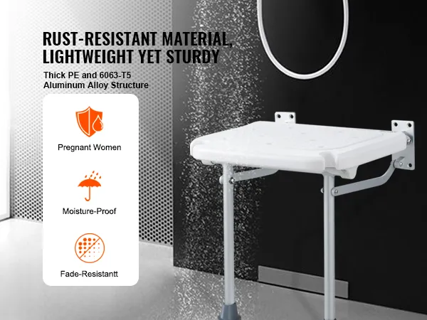 rust-resistant, lightweight, sturdy VEVOR folding shower seat with thick pe, 6063-t5 aluminum alloy.