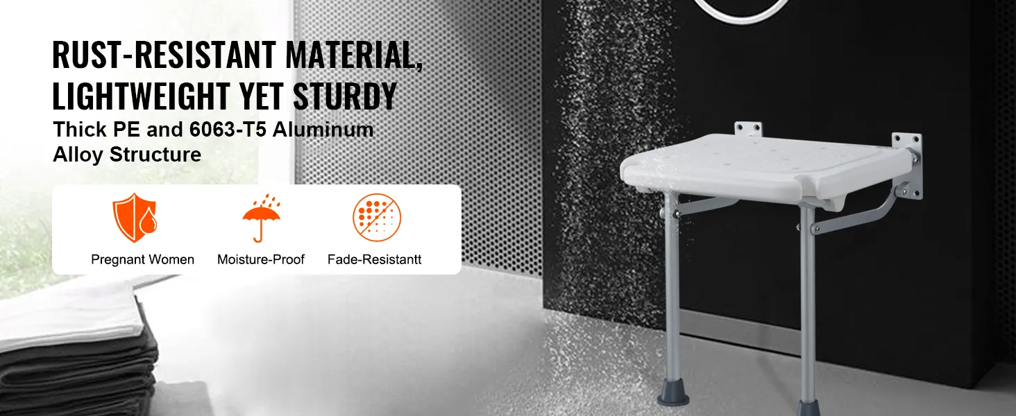 rust-resistant, lightweight, sturdy VEVOR folding shower seat with thick pe, 6063-t5 aluminum alloy.
