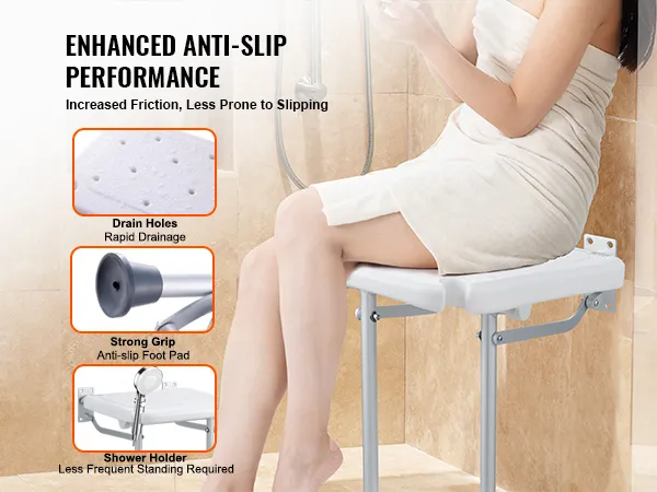 VEVOR folding shower seat highlighting enhanced anti-slip performance, strong grip, and drain holes.