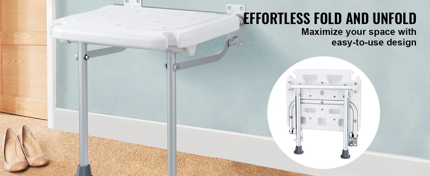 VEVOR folding shower seat mounted on a wall, showcasing its effortless fold and unfold design.