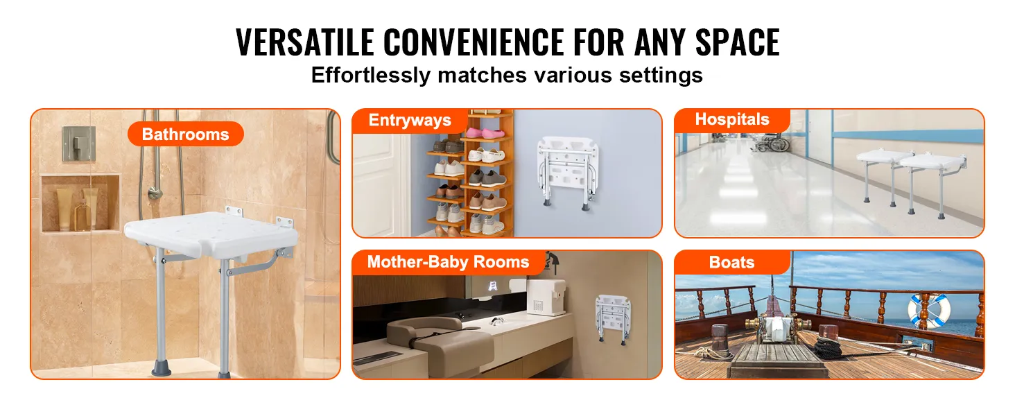 VEVOR folding shower seat in bathrooms, entryways, hospitals, mother-baby rooms, and boats.