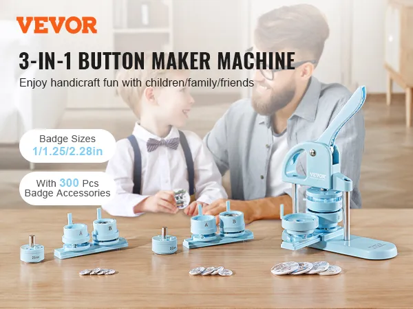 Macchina per creare bottoni VEVOR, set 3 in 1 con accessori per badge, per il divertimento in famiglia. Dimensioni badge: 1/1,25/2,28 pollici.