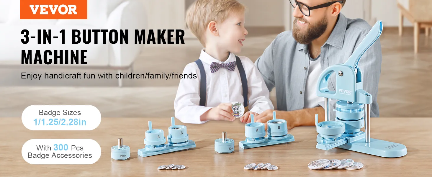 Macchina per creare bottoni VEVOR, set 3 in 1 con accessori per badge, per il divertimento in famiglia. Dimensioni badge: 1/1,25/2,28 pollici.