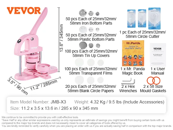 VEVOR button maker, pink, dimensions 285x90x345mm, includes dies, circle cutters, and accessories.