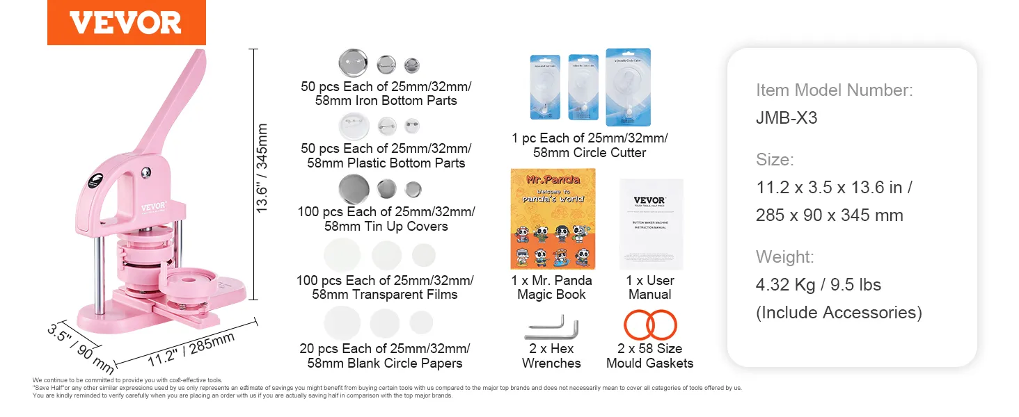 VEVOR button maker, pink, dimensions 285x90x345mm, includes dies, circle cutters, and accessories.