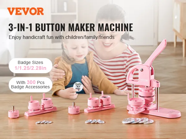 VEVOR button maker for crafts, 3-in-1 machine, with accessories, pink, badge sizes 1/1.25/2.28 inches.