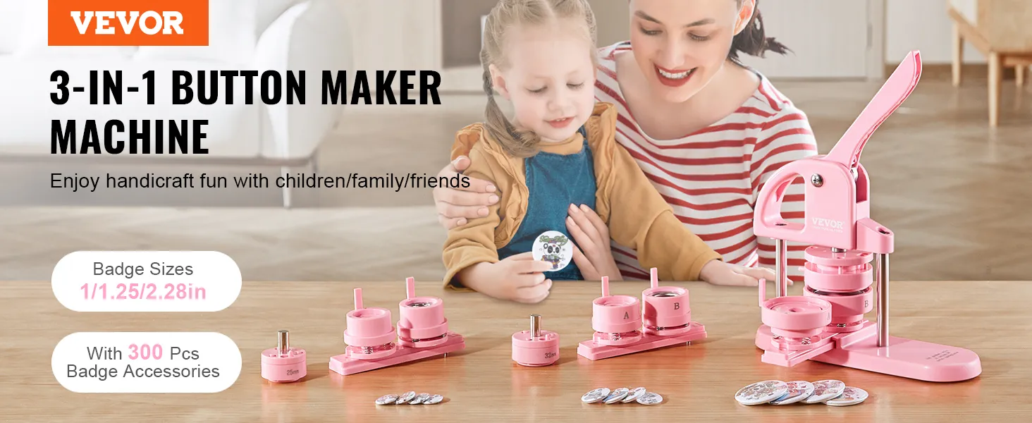 VEVOR button maker for crafts, 3-in-1 machine, with accessories, pink, badge sizes 1/1.25/2.28 inches.