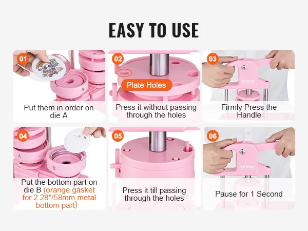 Instrucciones para utilizar el fabricante de botones VEVOR, que muestra el proceso de fabricación de botones paso a paso.