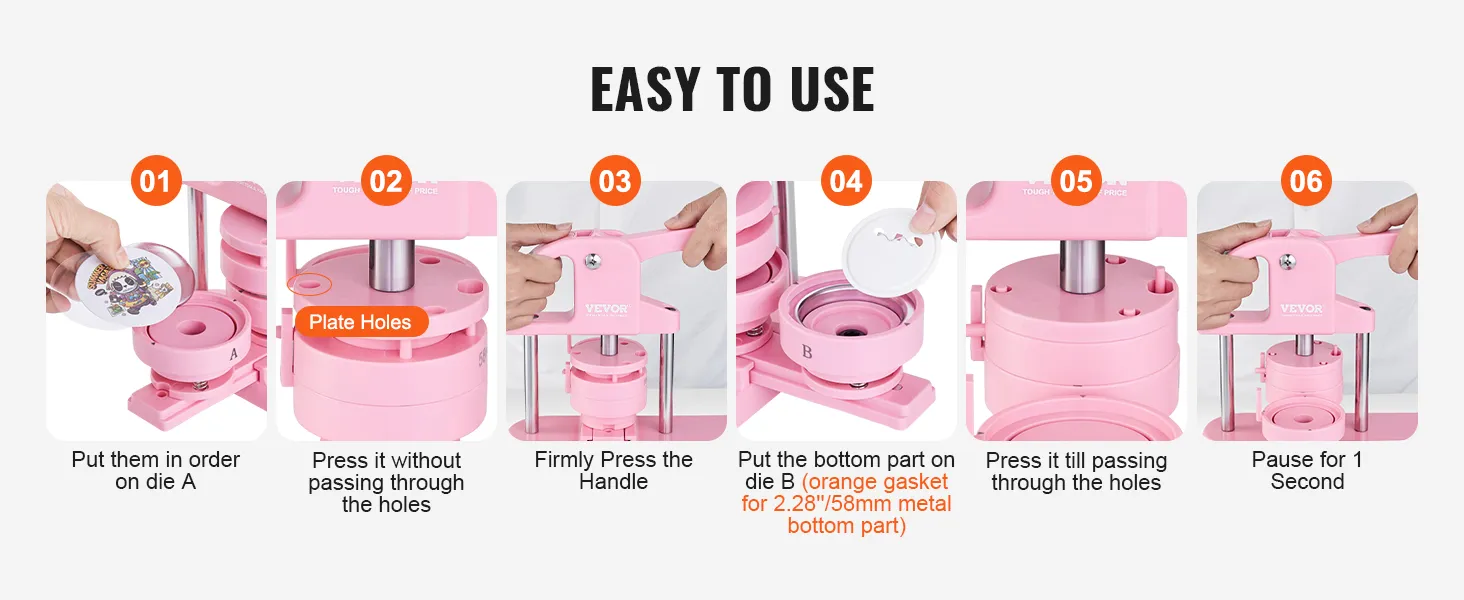 Instrucciones para utilizar el fabricante de botones VEVOR, que muestra el proceso de fabricación de botones paso a paso.