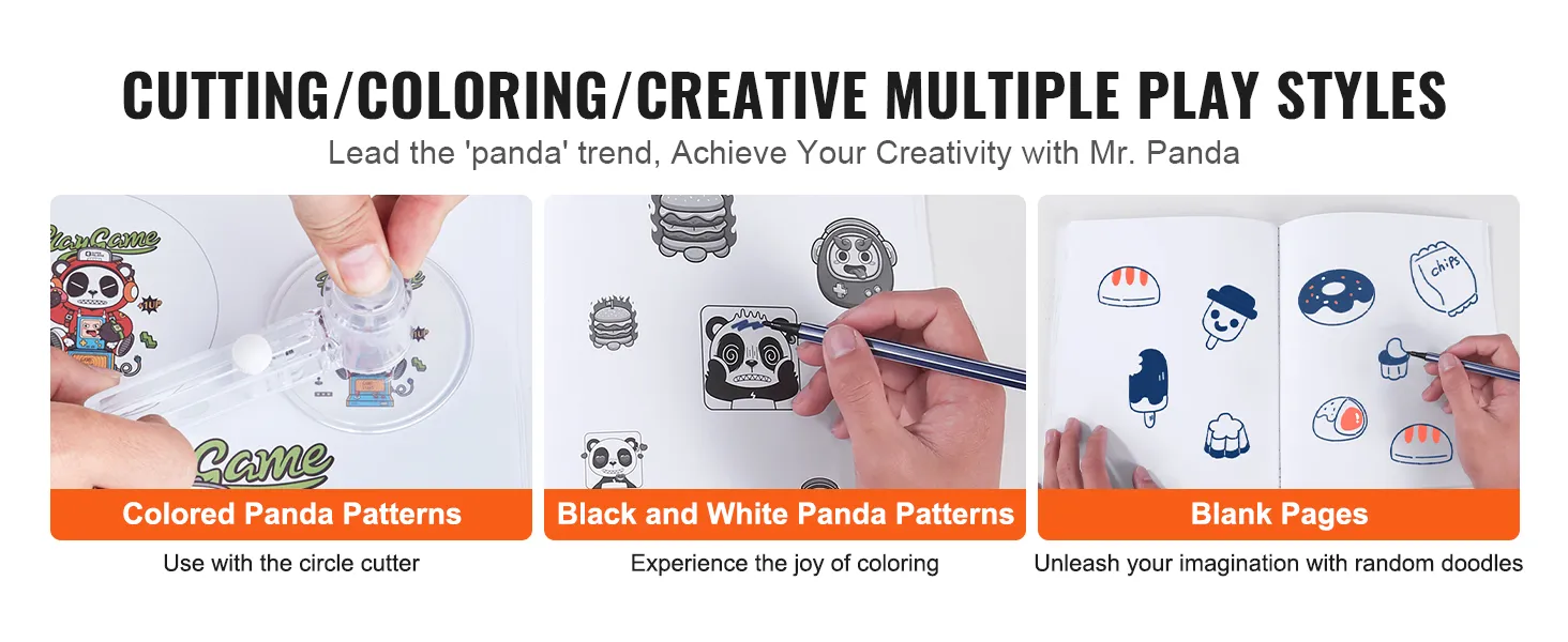 Recorta y colorea patrones de panda con páginas en blanco para estilos de juego creativos usando el creador de botones VEVOR.