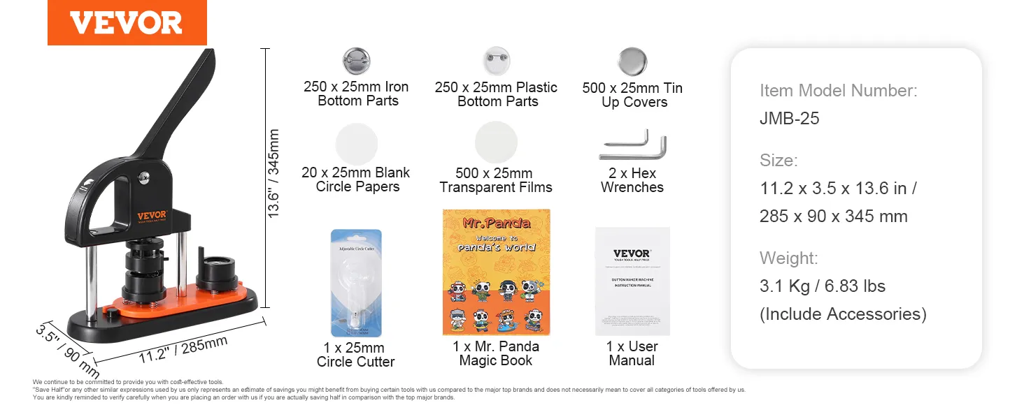 VEVOR button maker jmb-25 with accessories, including button parts, circle papers, and user manual.