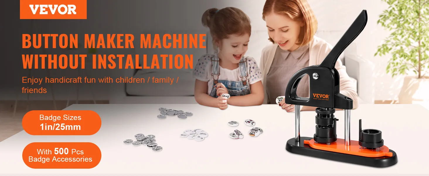 VEVOR button maker machine, 1in/25mm badge sizes, 500 pcs accessories, crafting with children.