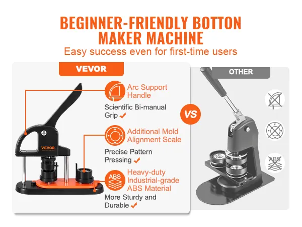beginner-friendly VEVOR button maker machine with arc support handle, mold alignment scale, and abs material.