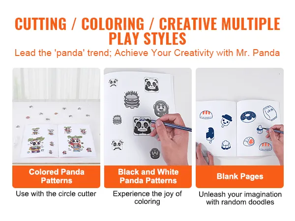 cutting, coloring, and doodling with panda-themed patterns and blank pages for creativity.
