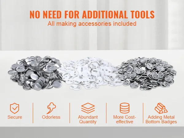 button accessories with "no need for additional tools" above piles of components. VEVOR button maker included.