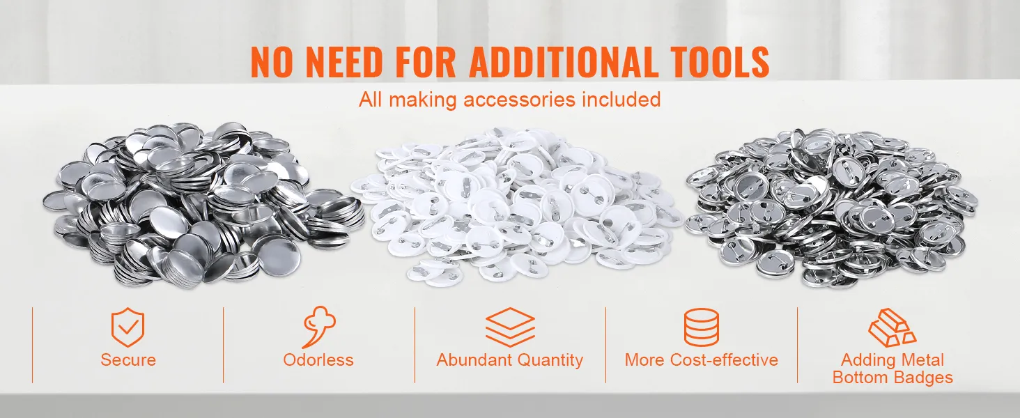 button accessories with "no need for additional tools" above piles of components. VEVOR button maker included.