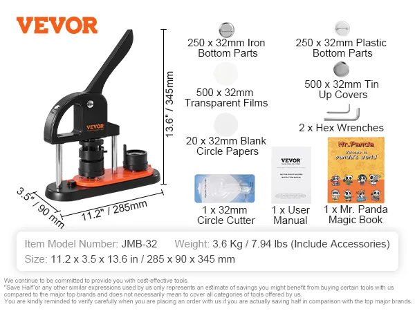 VEVOR button maker machine jmb-32 with accessories including circle cutter and mr. panda book.