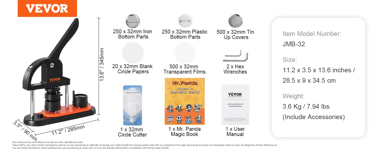 VEVOR button maker machine jmb-32 with accessories including circle cutter and mr. panda book.