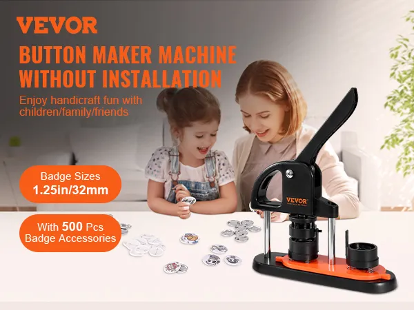 VEVOR button maker machine, 1.25in/32mm, 500 pcs badge accessories, family craft fun.