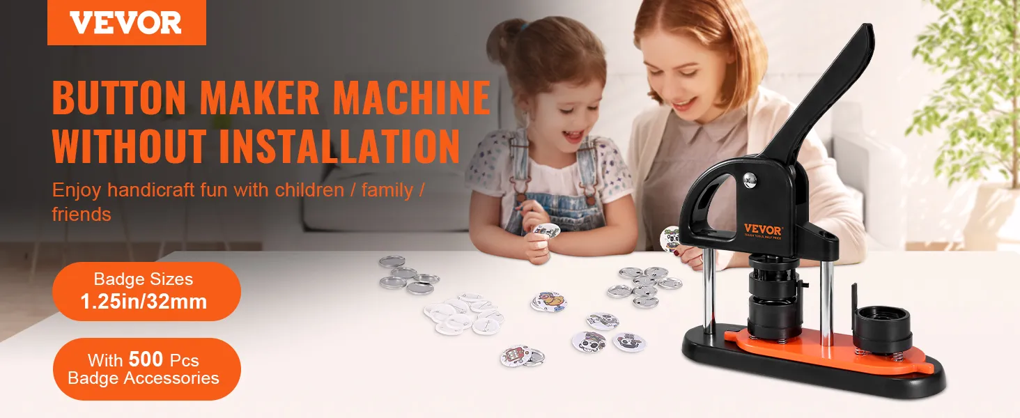 VEVOR button maker machine, 1.25in/32mm, 500 pcs badge accessories, family craft fun.