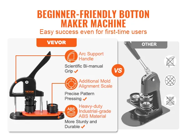 VEVOR button maker machine with arc support handle and mold alignment scale vs other brands.
