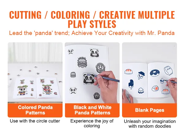 creative play with colored and black-and-white panda patterns; blank pages for doodling.