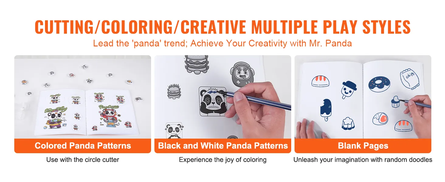 creative play with colored and black-and-white panda patterns; blank pages for doodling.