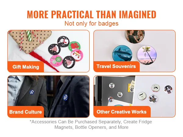 VEVOR button maker machine uses include gift making, travel souvenirs, brand culture, and creative works.
