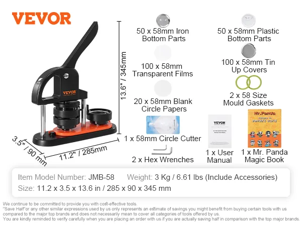 VEVOR button maker machine with accessories including circle cutter, papers, and user manual.