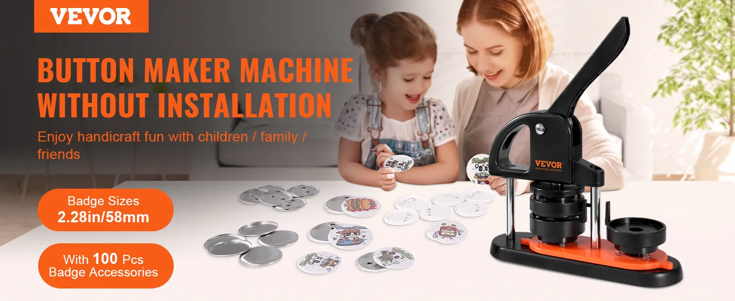 VEVOR button maker machine with 100 pcs badge accessories and 2.28in/58mm sizes for family crafts.