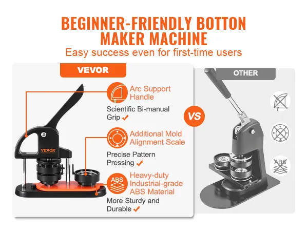 VEVOR button maker machine with arc support handle, mold alignment scale, and durable abs material.
