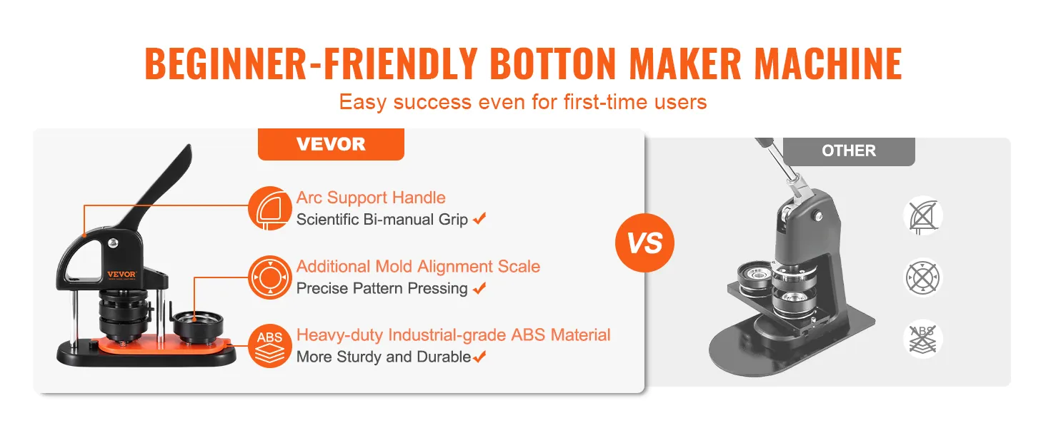 VEVOR button maker machine with arc support handle, mold alignment scale, and durable abs material.