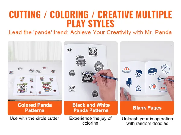 cutting, coloring pages with panda patterns, black and white drawings, and blank pages for doodles.