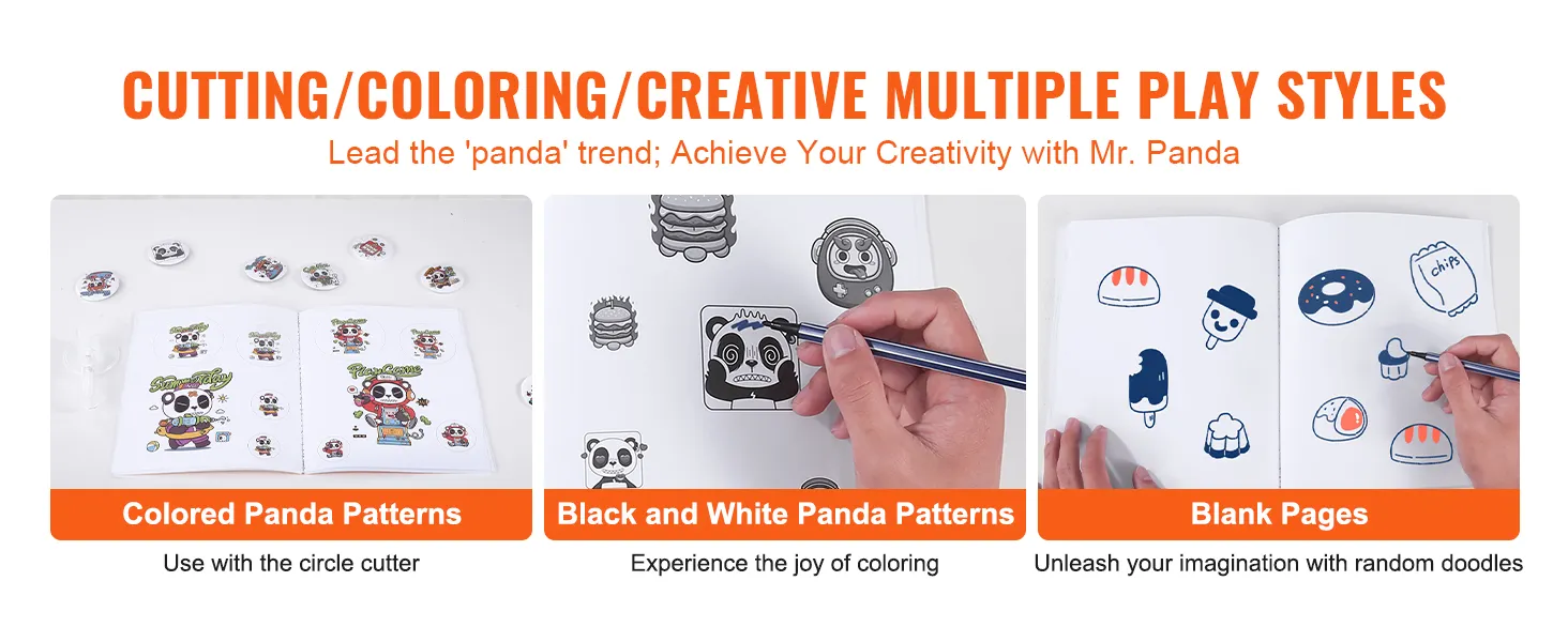 cutting, coloring pages with panda patterns, black and white drawings, and blank pages for doodles.