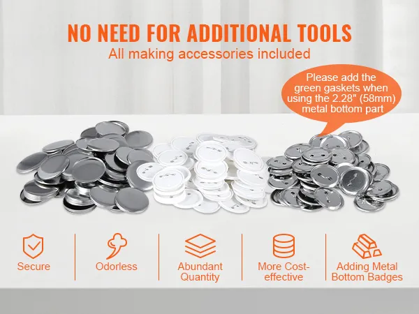 VEVOR button maker machine accessories with metal and plastic button pieces on a white background.