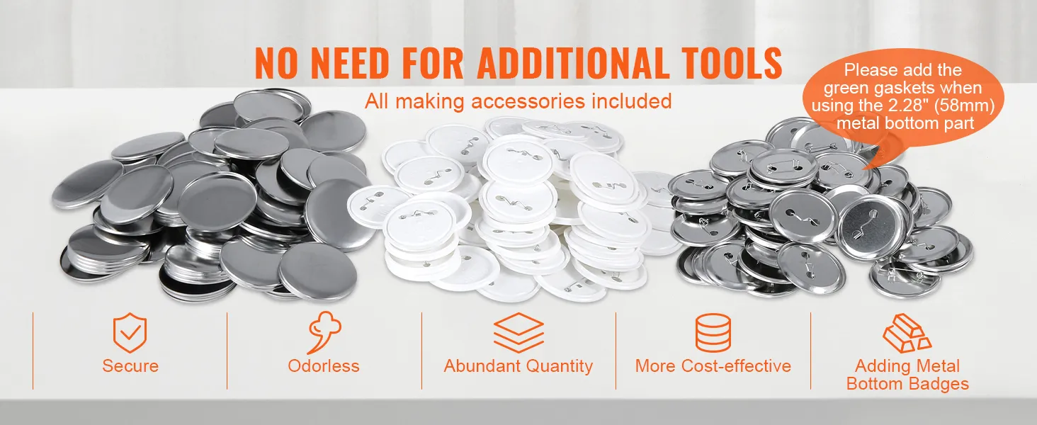 VEVOR button maker machine accessories with metal and plastic button pieces on a white background.