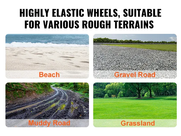 hochelastische Räder des VEVOR-Strand-Angelwagens für unwegsames Gelände wie Strand, Kies, Schlamm und Gras.