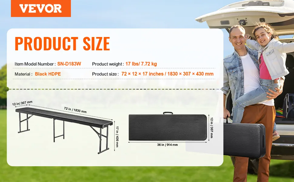 VEVOR folding bench dimensions and model details with a family preparing for a picnic in the background.