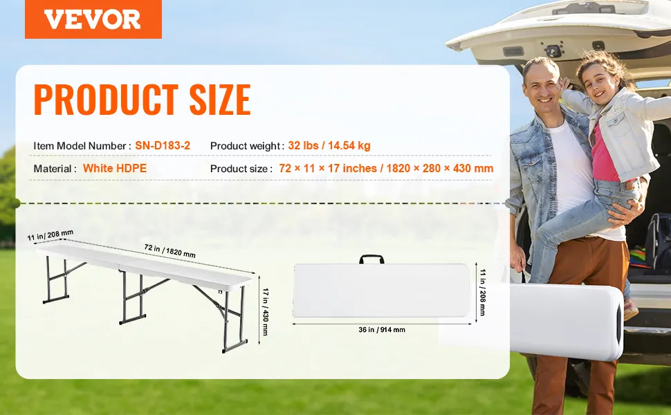 VEVOR folding picnic bench details: 32 lbs, 72 x 11 x 17 inches, model sn-d183-2, white hdpe material.