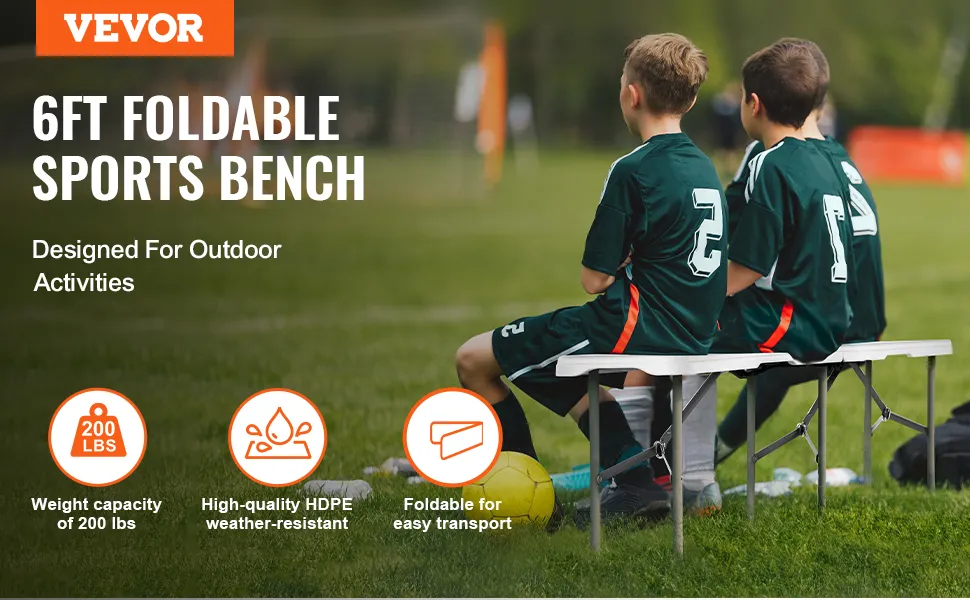VEVOR folding picnic bench, 6ft foldable sports bench with a 200 lbs weight capacity, ideal for outdoor use.