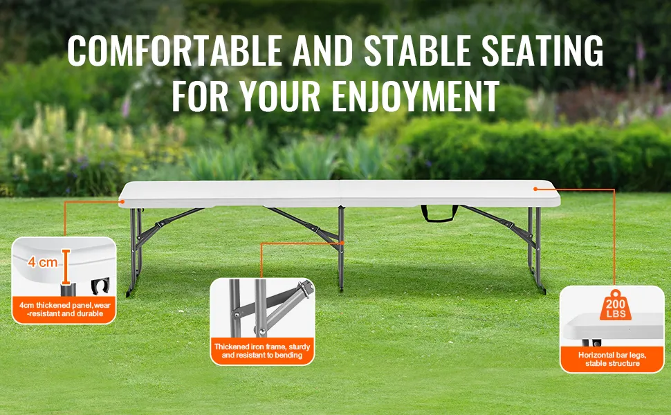 VEVOR folding picnic bench, 4cm thick panel, 200 lbs capacity, sturdy iron frame, ideal for outdoors.